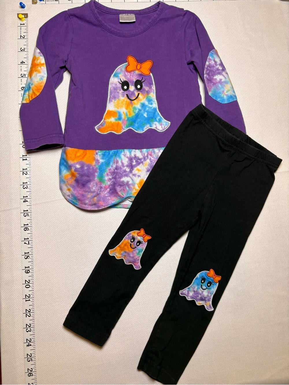 Girls Halloween Tie Dye Ghost 2-Piece Outfit Purple Top & Black Leggings est. 4T